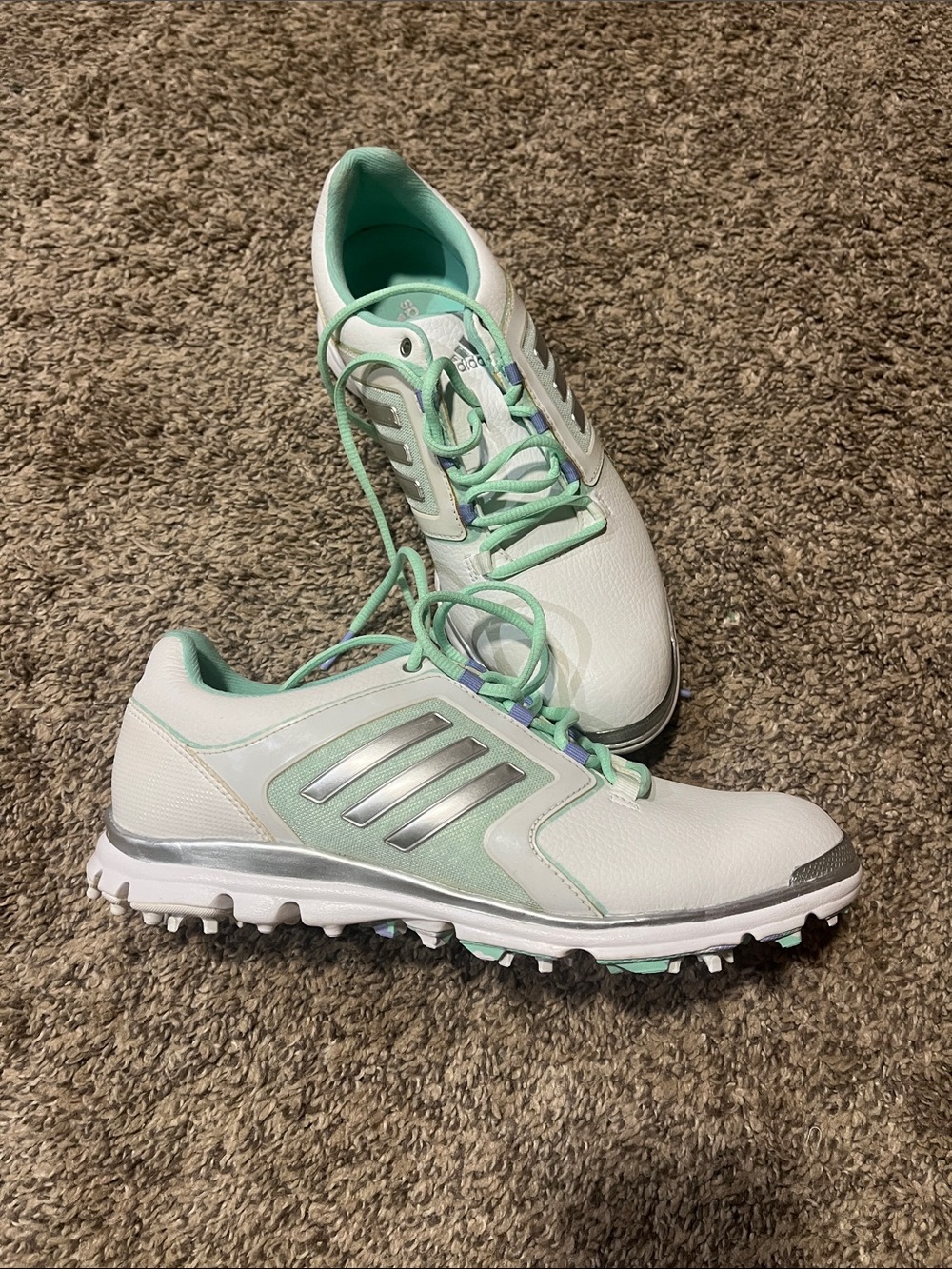 Adidas Adistar Tour Women’s Golf Shoes in Mint Green, White, and Silver